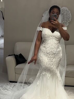 Allure Off-Shoulder White Lace Mermaid Wedding Dress